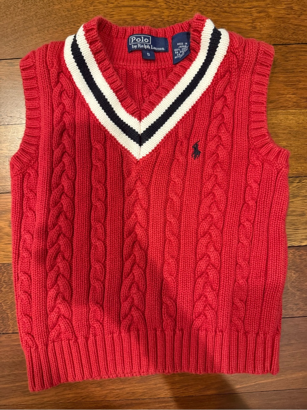Polo by Ralph Lauren Red Cable-Knit V-Neck Sweater Vest Sz 5